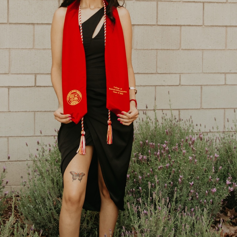 Black Dress with Red Graduation Stole